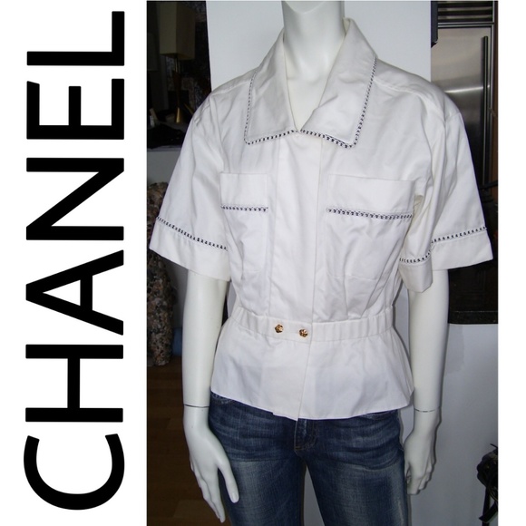 CHANEL, Tops, Chanel Authentic White Button Peplum Blouse Top S